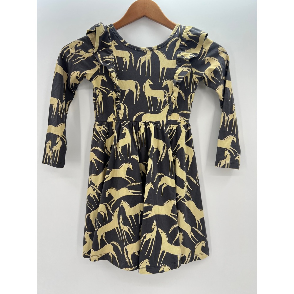 Tea Collection Girls Size 6 Horse Print Ruffle Long Sleeve Dress Charcoal Gray